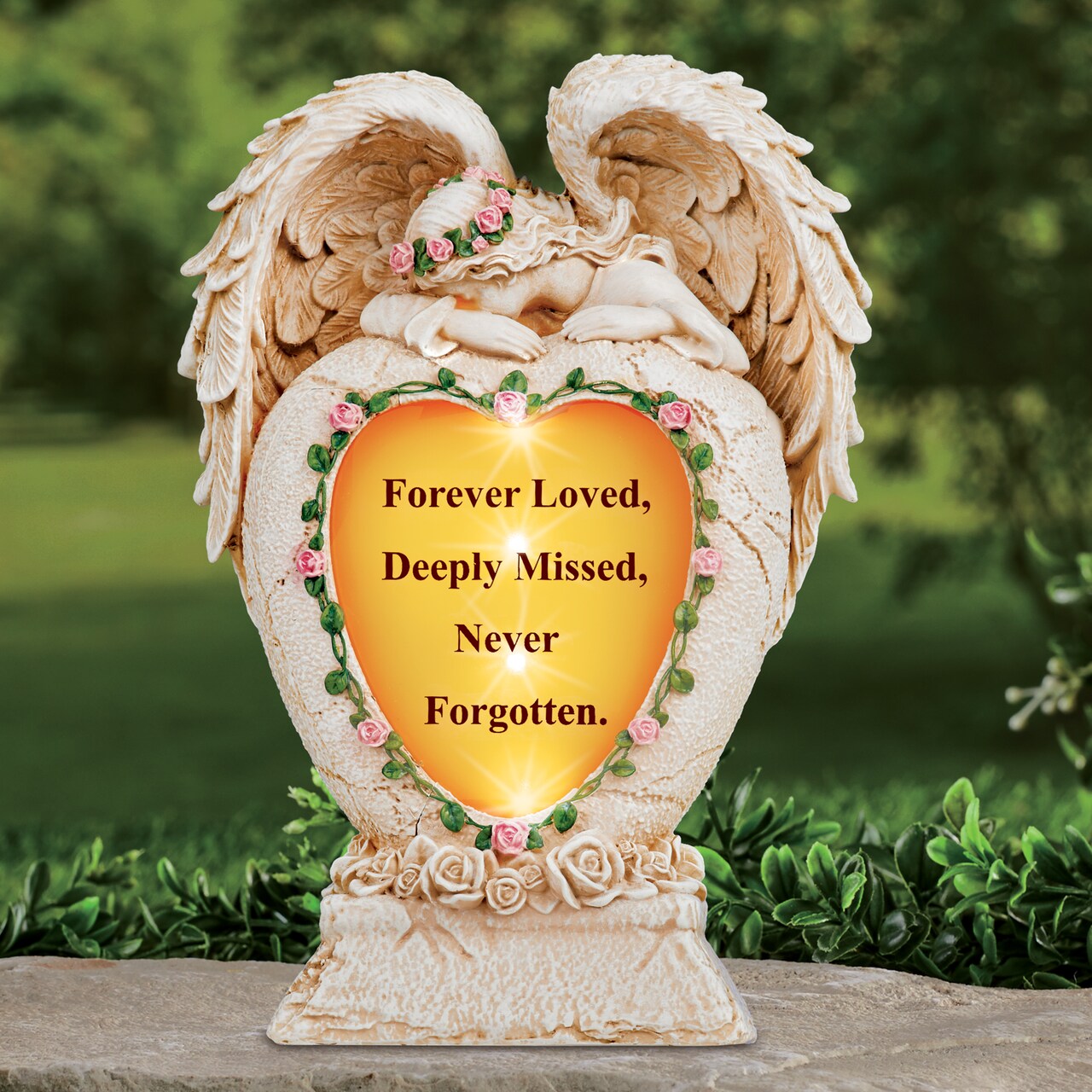 Collections Etc Solar Powered Grieving Angel Stone Heart Memorial Statue